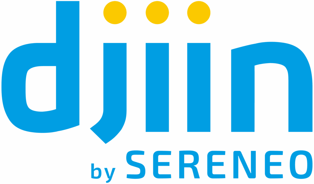 Ecriture djiin bleu avec les points des i en jaune. Fond transparent
